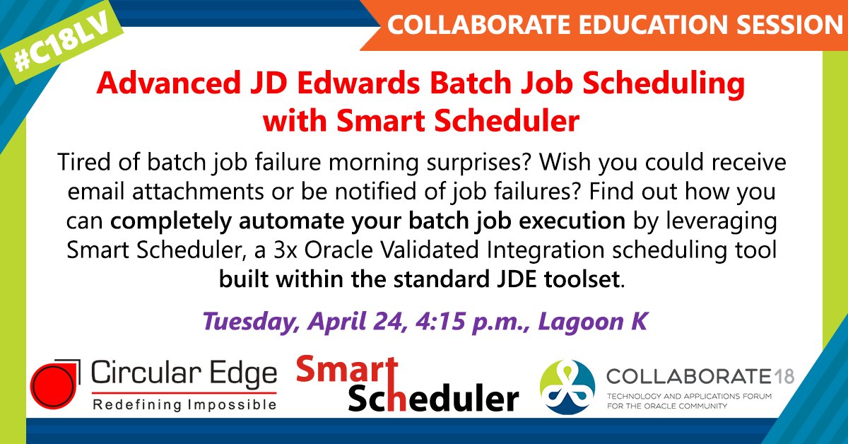 #C18LV Join us today at 4:15 &amp; learn how to eliminate your #JDE batch job challenges with Smart Scheduler #HappyUsers #HappyCNCs #GoodTimesWithJDE #JDEdwards ow.ly/rRaO30jF6wc