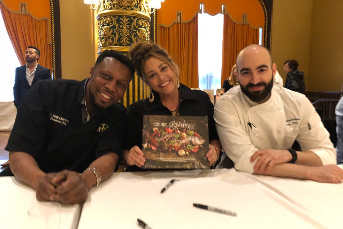 KBNNPR's tweet image. @kbnnpr President and Founder Karine Bakhoum at The Great Gathering of Chefs tonight signing books which contain one of her recipes! It's an amazing night of food and wine to benefit the Food and Finance High School!  
#food #wine #event #nyc #greatGatheringofChefs #bookSigning