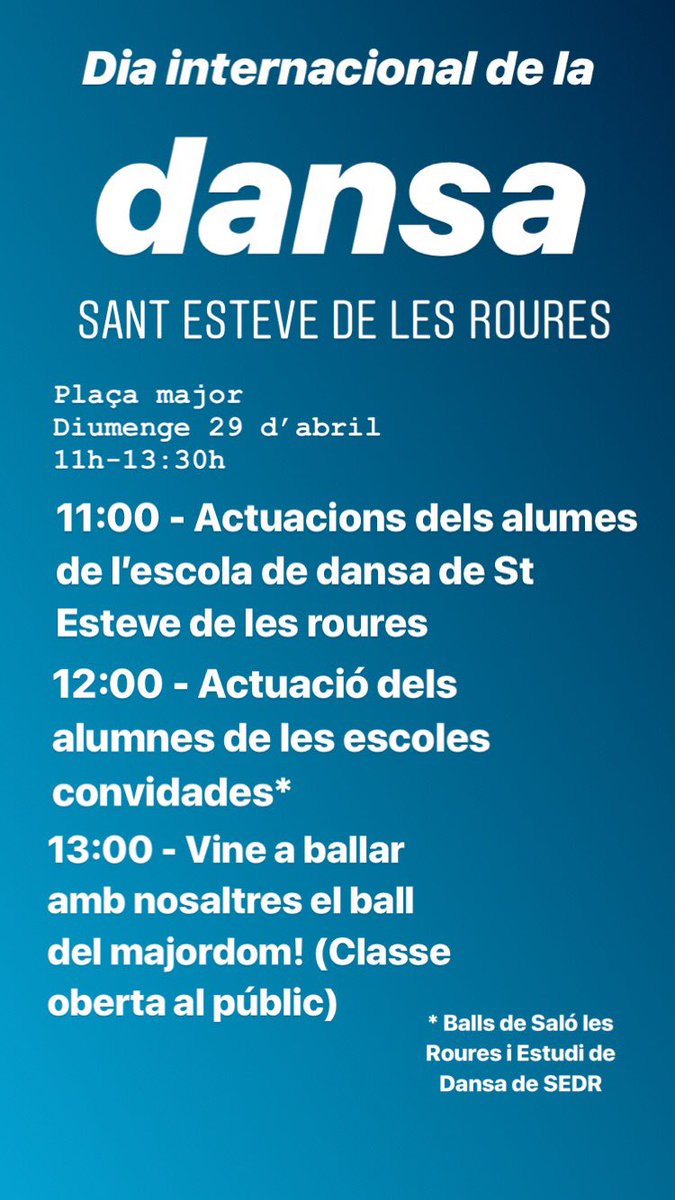DansaSEDR's tweet photo. Ja tenim aquí els actes del dia internacional de la dansa! Vine a ballar amb nosaltres!! @dansaStEsteve @BallsSLesRoures https://t.co/NXOshBD384