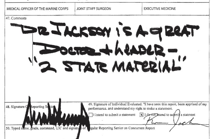 ZekeJMiller's tweet photo. The White House is releasing hand-written reports from Obama and Trump praising Jackson’s leadership and medical care, and that they each recommended him for early promotion. https://t.co/Kp5cAzhbbF