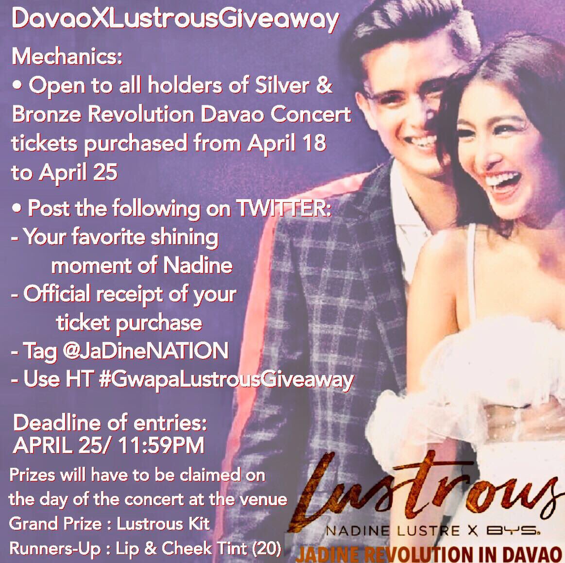 Davao concert goers, don't miss this chance to win a Lustrous Limited Edition Set and other Lustrous items. 

#JaDinerEVOLutionDavaoIn4Days