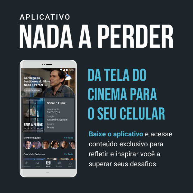 nadaperderfilme's tweet photo. Ei, você já baixou o aplicativo do filme #NadaAPerder? Lá tem uma porção de conteúdos exclusivos, vídeos músicas e mais. Acesse www.appnadaaperder,https://t.co/syqVmUczsU https://t.co/QNrY6lOWp2
