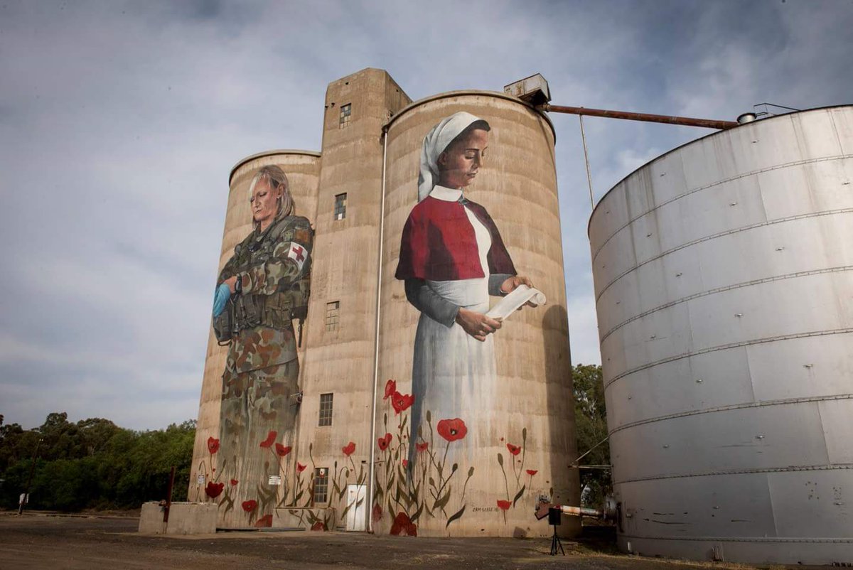 AussieDexters's tweet photo. @GrainCorp share Anzac Day tribute from Devenish in east #Victoria, the silos painted by Melbourne-based artist, Cam Scale, of a #FirstWorldWar nurse a modern-day combat medic β depicting the changing role of women in the military and society. Lest We Forget. #camscale #siloart https://t.co/EUVATONnGK