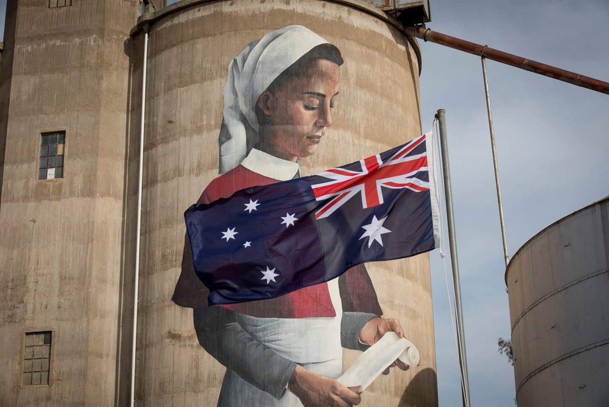 AussieDexters's tweet photo. @GrainCorp share Anzac Day tribute from Devenish in east #Victoria, the silos painted by Melbourne-based artist, Cam Scale, of a #FirstWorldWar nurse a modern-day combat medic β depicting the changing role of women in the military and society. Lest We Forget. #camscale #siloart https://t.co/EUVATONnGK