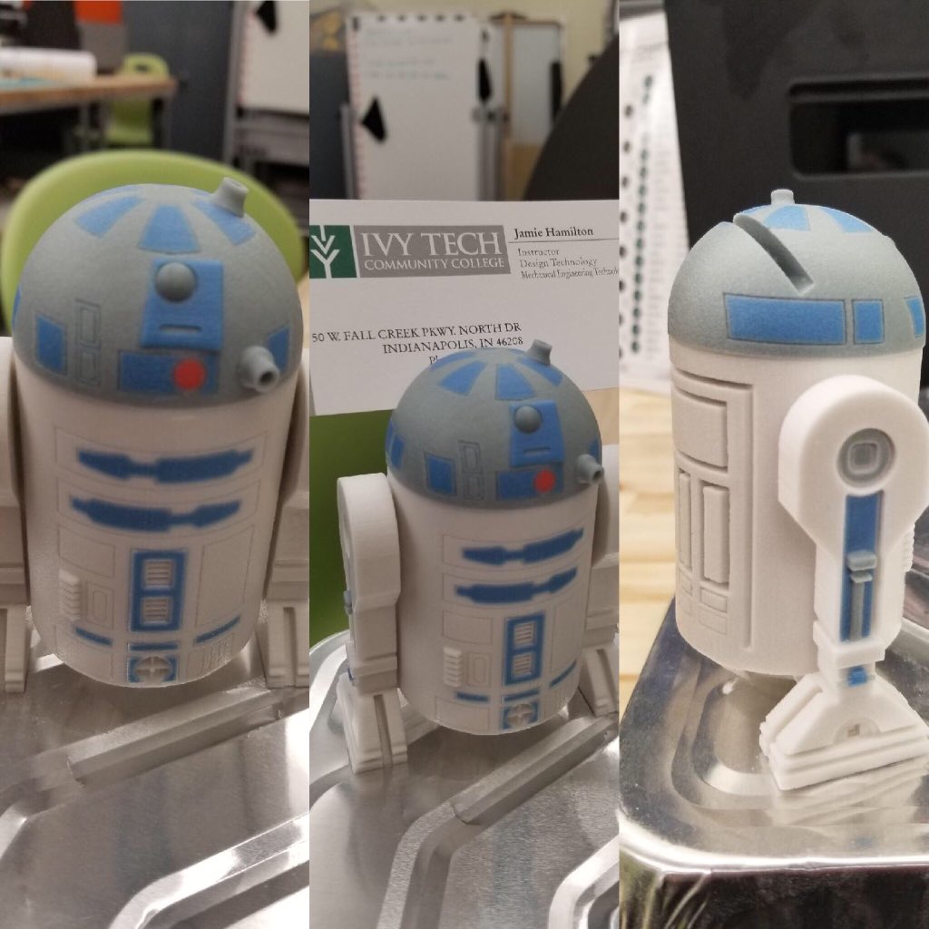 IndyDESN's tweet photo. One of our #designtechnology students designed this #R2D2 droid using @adskFusion360 and #3dprinting it in full color on our @3dsystems #projet660pro #colorprinter @ivytechcc #nopaintadded #oneprint https://t.co/GuGsTU4nbA