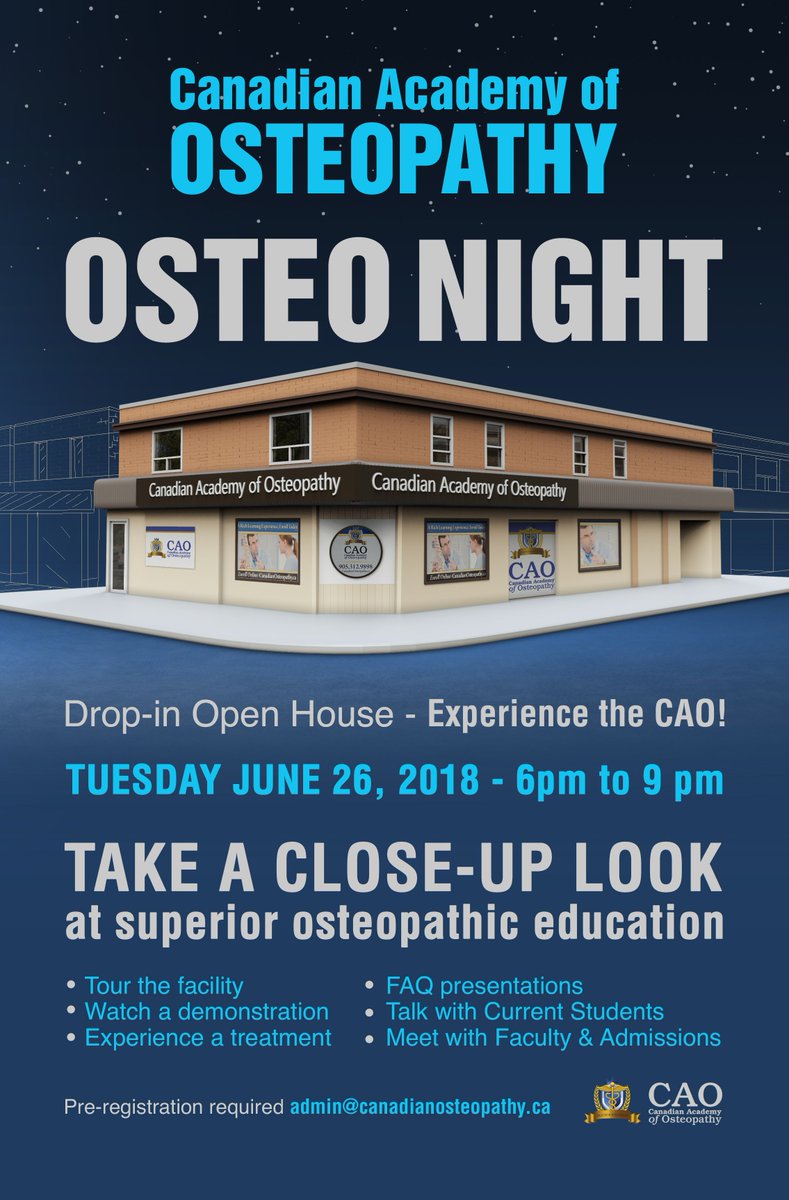 CAOosteopathy's tweet photo. Have you not had a chance to visit us in the past? Come to our drop-in open house and take a close-up look at osteopathic education

https://t.co/n39EfcyEOZ

Experience Osteopathy demonstrations/treatments, have your questions answered, and talk to staff &amp; students! #OsteoNight https://t.co/LVr3VF1ysS