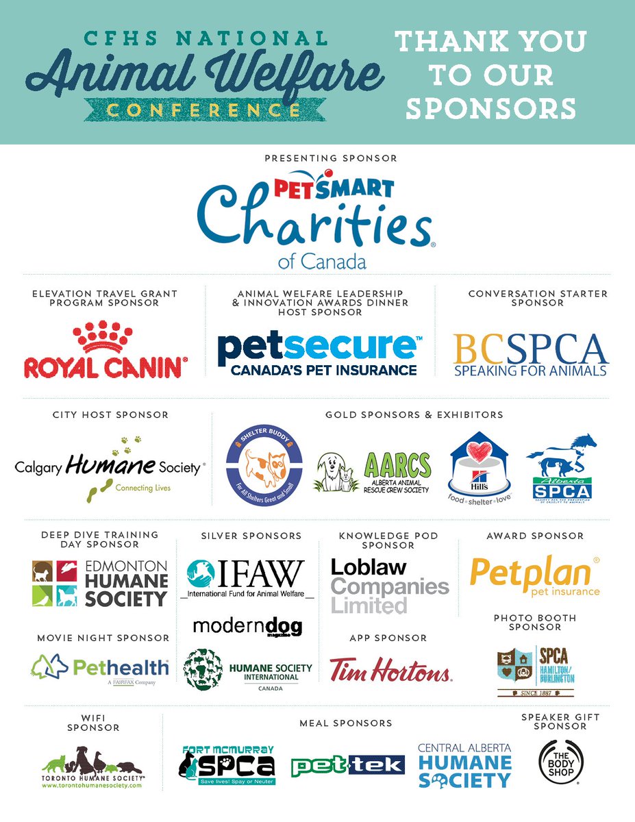 HumaneCanada's tweet photo. Thank you to all of our #NAWC2018 sponsors for supporting us so generously this year! We couldn't put on an event of this magnitude without you. #HumaneCanada https://t.co/02Tcn0iEhp