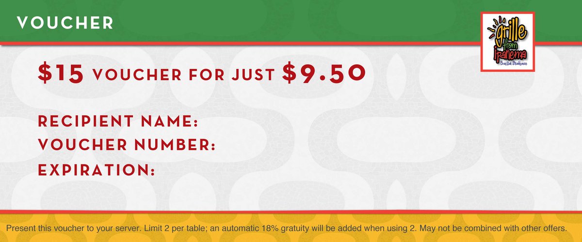 GFICDA's tweet photo. Grille From Ipanema Coupon - $15 for just $9.50 - Enjoy!!! https://t.co/Q4b8FEmjwi