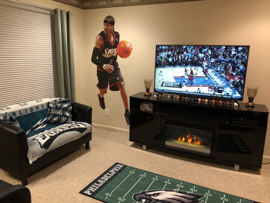 DerfHOPE's tweet photo. @NBCSPhilly Watching the game in the mancave with AI ! Gooo sixers!! https://t.co/tzFl4ruFKD