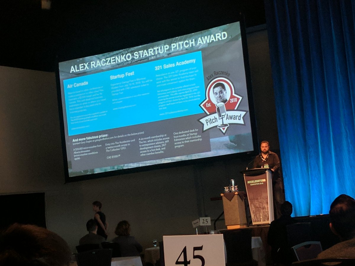 kingerkingmusic's tweet photo. At @AccelerateAB , @GaryZiegler announcing first inaugral #alexraczenko pitch award ... We see further standing on shoulders of Giants. Remembering you, Alex! https://t.co/PxWNrYm9I3
