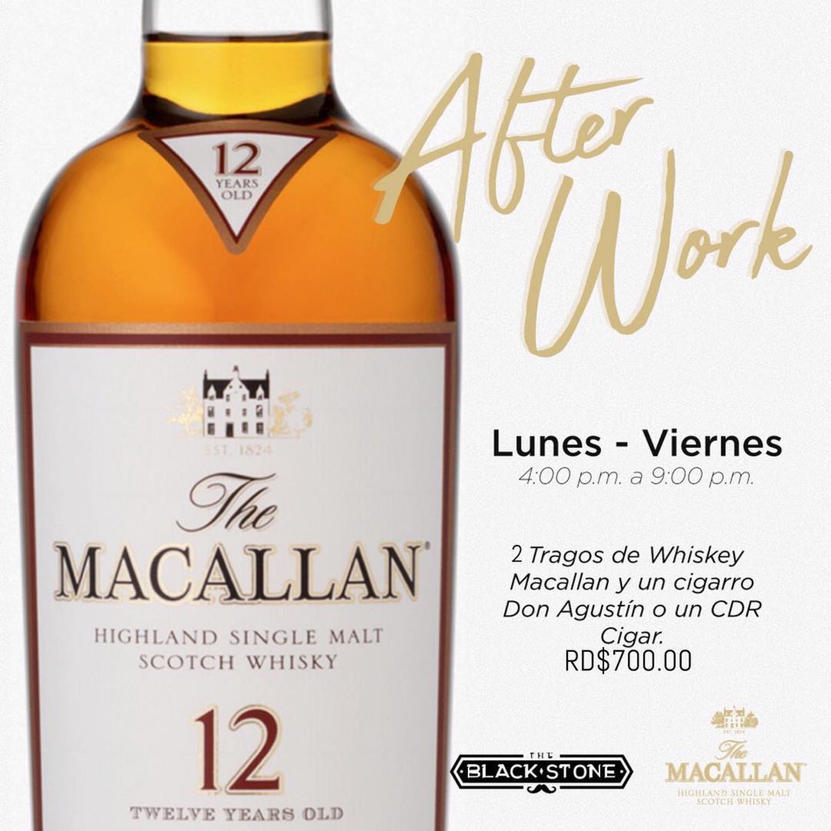 CDRCigars's tweet photo. ¡Te esperaremos en Blackstone en Santiago de lunes a viernes de 4pm a 9pm para que disfrutes de un #CDRCigars + 2 tragos de Macallan por RD$700.00! #CDRMoment https://t.co/nYO1ER0M9E