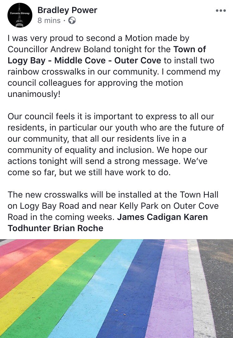 Jodicookeskis's tweet photo. Town of @townoflbmcoc approves not one, but two rainbow crosswalks in their community at council hearing tonight. Unanimous approval. @NTVNewsNL https://t.co/n6TmBu2sSz