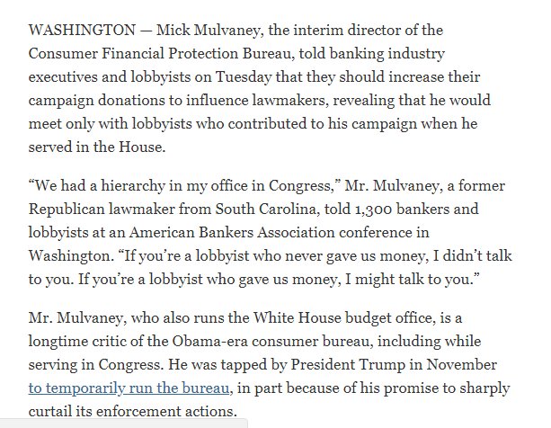 JesseFFerguson's tweet photo. BREAKING FROM NYT

#DefinitionOfCorruption

NYT - "Mulvaney’s Advice to Bankers: Up Campaign Donations to Diminish Consumer Watchdog" 

https://t.co/DdHQRZbz80 https://t.co/m8gTymgzaM