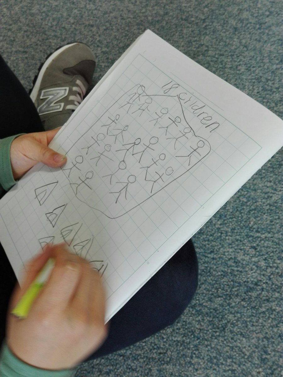 MsRachelCouture's tweet image. Is it a multiplication story problem or division? What clues from the story tell you? Students solved using cubes, pictures and numbers. #learningatkis