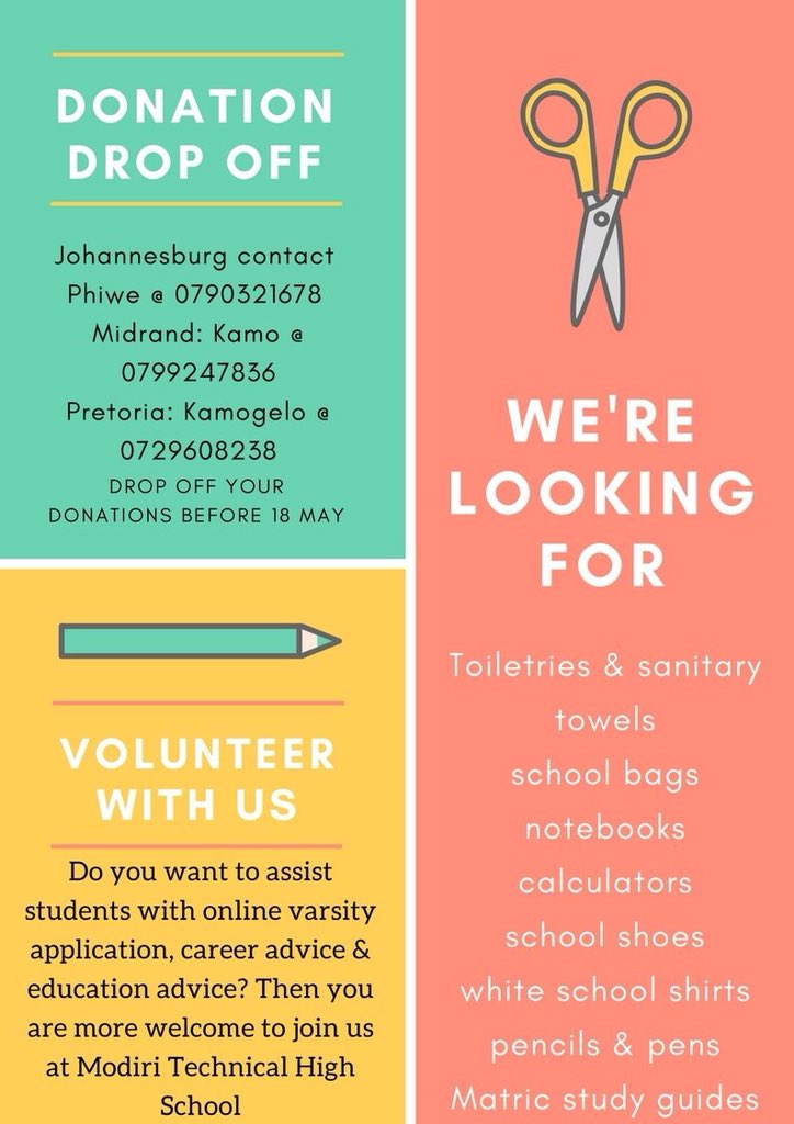 PhiweSkosana's tweet photo. ...@RAC_NPO will be visiting Modiri Technical High School in Mamelodi on the 18th May & they would appreciate donations & volunteers ๐๐โ #LendaHand #VarsityApplicationDrive please RT for awareness https://t.co/OZ587GPzfg