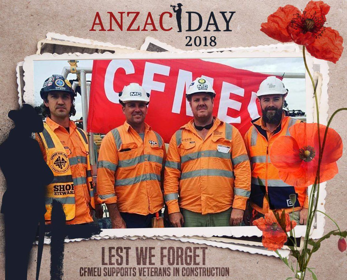 CFMEUJohnSetka's tweet photo. SkyRail @CFMEU #VetsInConstruction
L-R: ADAM PETCO
3RAR 3rd battalion
STACEY RUSSELL
25 years RAA
JOHNATHON CORNWILL
T10FSB East Timor
PETER SANDERSON
20 STA Regt, RAA
Proud to be union! #ANZACday2018 #LestWeForget https://t.co/Aw7z64Nug0