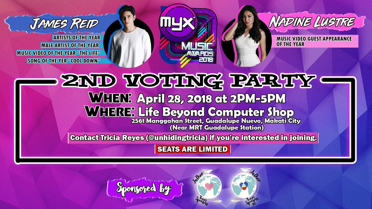 Let's bag all 5 awards in MYX! 

Join our voting parties! 

Fri, April 27th 7-10pm
Sat, April 28th 2-5pm

Life Beyond Computer Shop (near MRT Guadalupe Station)

Contact @unhidingtricia to reserve. Seats are limited. 

#JaDinerEVOLutionDavaoIn4Days