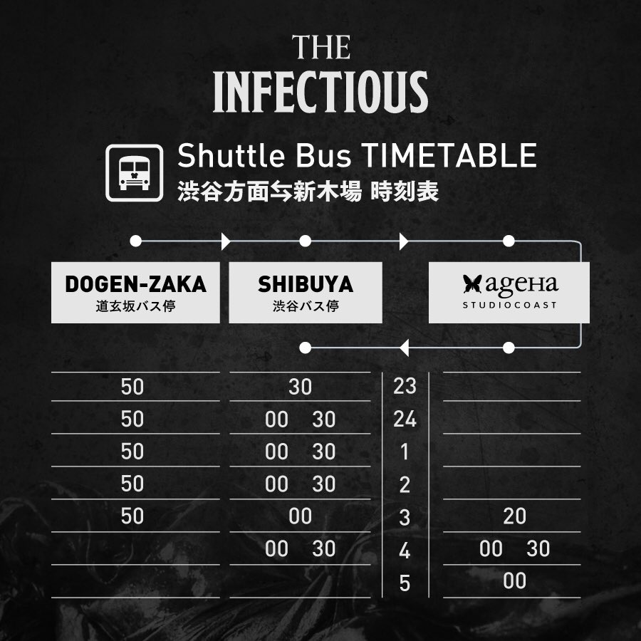 infectious429's tweet photo. 4.29(sun) "The Infectious" @ageHa_Tokyo は朝まで渋谷⇄ageHa間のシャトルバスを運行しております。ご来場の際にご活用下さい！ https://t.co/yANIL7zFnB