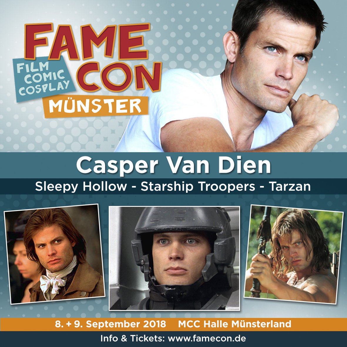 famecon's tweet photo. Unser nächster Stargast für die #FAMECON2018 ist @CasperVanDien !

Den meisten dürfte er aus #StarshipTroppers bekannt sein.
Wir freuen uns, Casper auf der #FAMECON begrüßen zu dürfen!

#CasperVanDien #JohnnyRico #Roughnecks #convention #MCCHalleMünsterland #MobileInfantry https://t.co/cfXZMGlUxd