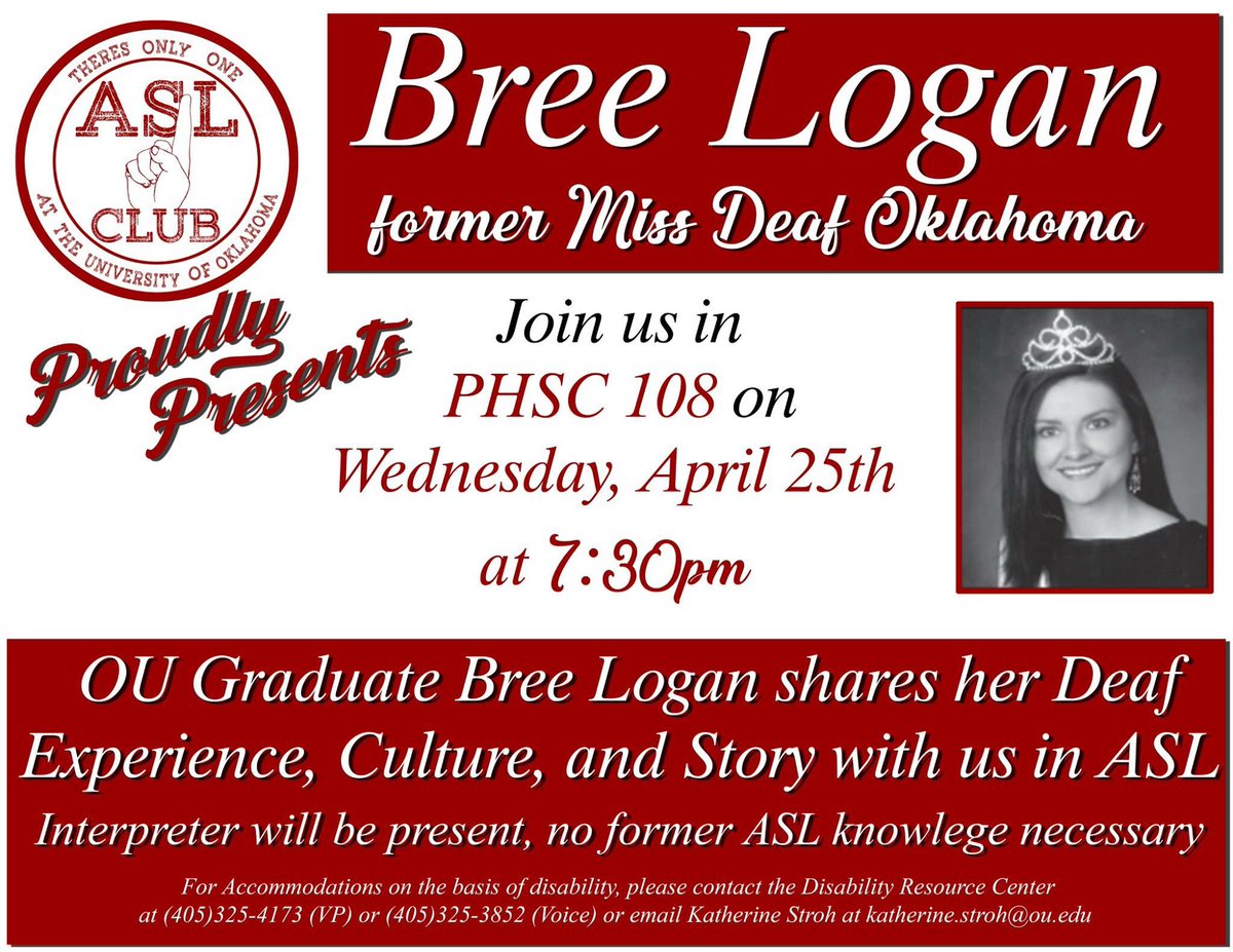 Join us tomorrow for Deaf lecturer, Bree Logan as she shares her life experiences! Pizza and interpreters will be provided!!