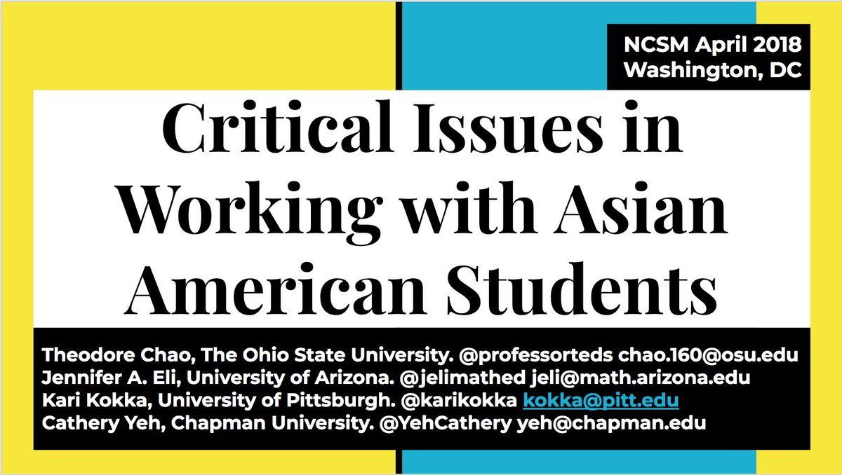 professorteds's tweet photo. We are so proud to be a part of this important panel unpacking our own experiences as Asian American Math Educators, Wed, Apr 24, 8:45AM, Rm 150B "Critical Issues in Working with Asian American Students" #NCSM18 #NCTMannual #EquityMathEd @karikokka @jelimathed @YehCathery https://t.co/ZUmoswHc6y