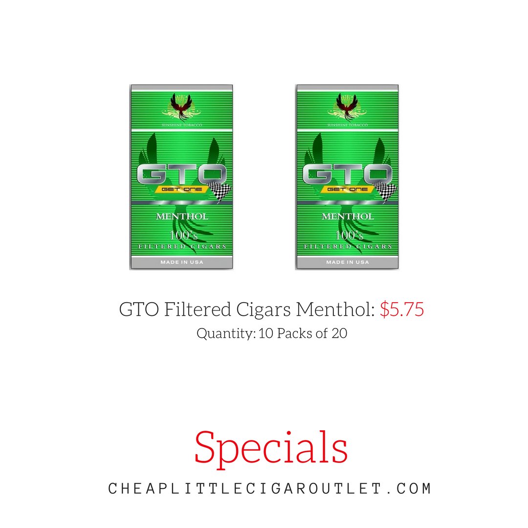 CheapLCOutlet's tweet photo. SPECIAL: GTO Filtered Cigars Menthol $5.75

----- Other Discounts Happening All Month -----
10% Discount *E-Cigs
5% discount on: All cigars and accessories

Order online or call us 1 (407) 928-7185 
----
#CLCO #CheapLittleCigarOutlet #Cigars #Vape #GTOCigars https://t.co/MpFQBNAHzv