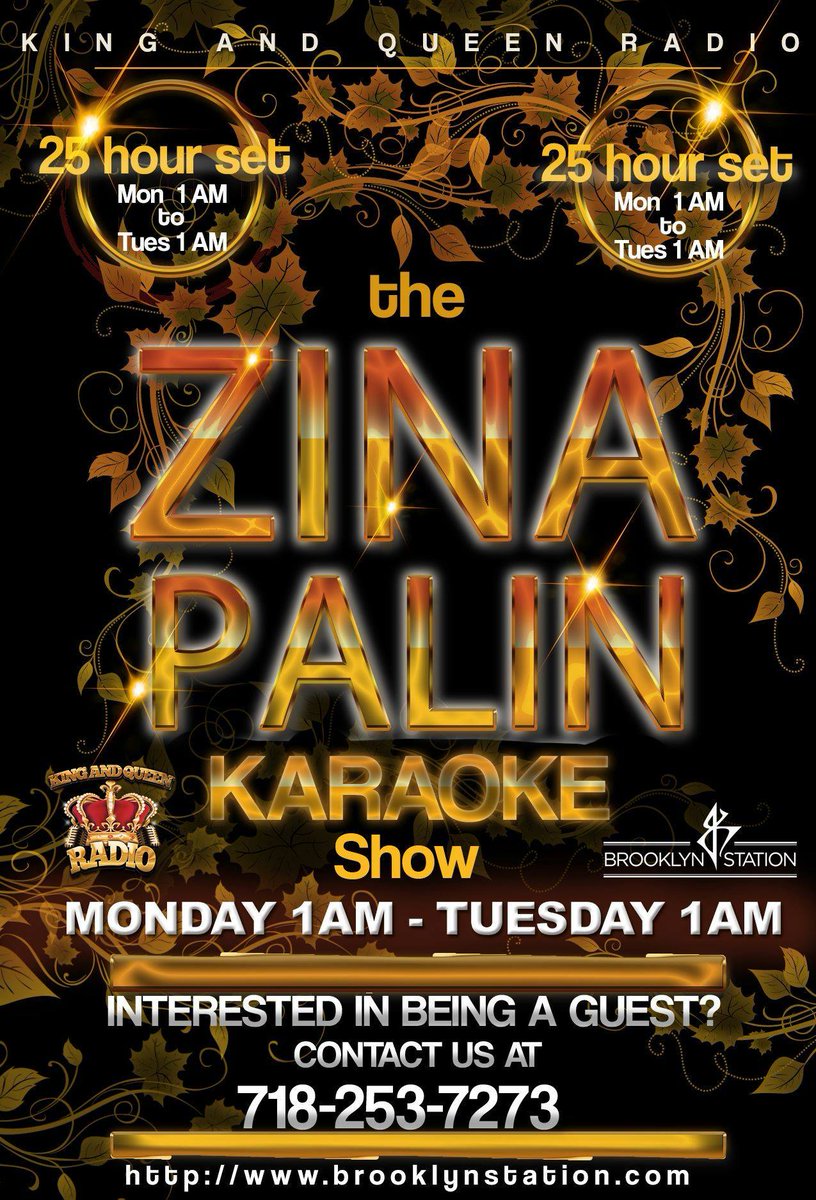 brooklynradiony's tweet photo. Every Monday @ 8pm, Tuesdays @ 1am, & 8pm, & Thursdays @ 1am! Tune into, the ZINA PALIN Karaoke Show Monday 1am-Tuesday 1 am! https://t.co/69gC3mvYar & King & Queen Radio.
#BrooklynStation #Brooklyn #RadioBroadcaster #MediaCompany #Psychic #InternetRadio #InternetTalk #Podcast https://t.co/7EZyA9quwU