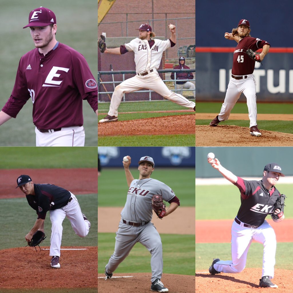 EKUBaseball's tweet photo. Last week's streak of 18 scoreless innings from Logan Teague (who threw EKU's first CG in 266 games), Jack Piekos, @_Cayco_ , @Max_Ford14, @A_Ocean21 and @APerry_37 was the longest in more than 10 years... #GoBigE https://t.co/oRRfuKPQSz