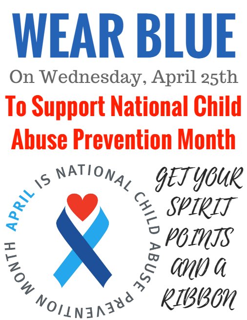 _marauderman's tweet photo. MARAUDERS Don’t forget to wear BLUE tomorrow to bring awareness towards National Child Abuse Awareness Month and get your spirit points and a free blue ribbon during lunch! https://t.co/HLhoS6yWqZ