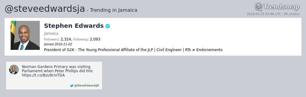 TrendsJamaica's tweet photo. Stephen Edwards, @steveedwardsja is now trending in Jamaica

https://t.co/zEBSlTO72y https://t.co/dLXsE3fw3s