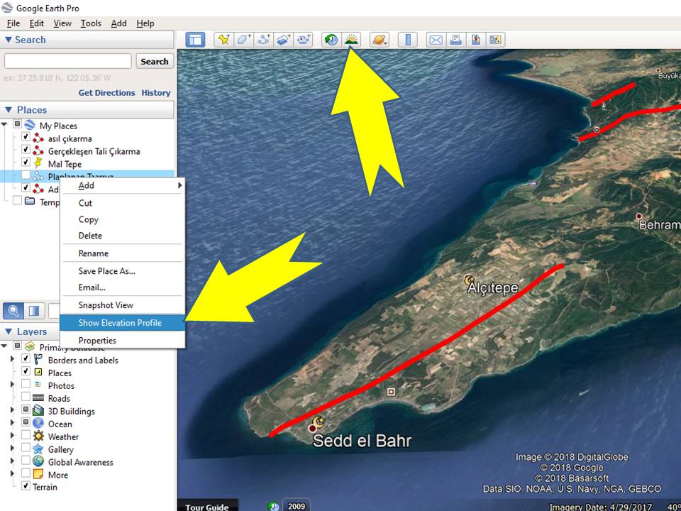 In the second part of the Flood, let's try to understand the April 25 using the "show elevation profile " and "show sunlight time of the day" properties of the Google Earth program