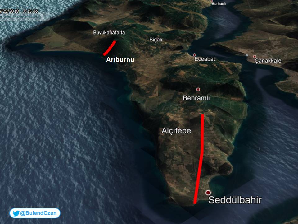 According to Google Earth's "sun position by date and time" function, on April 25, 2018 at 07:15, the sun hits the peninsula from the east. It appears that the sun did not shine direct the eyes of allied troops and ships (artillery fire) on the Seddülbahir front.