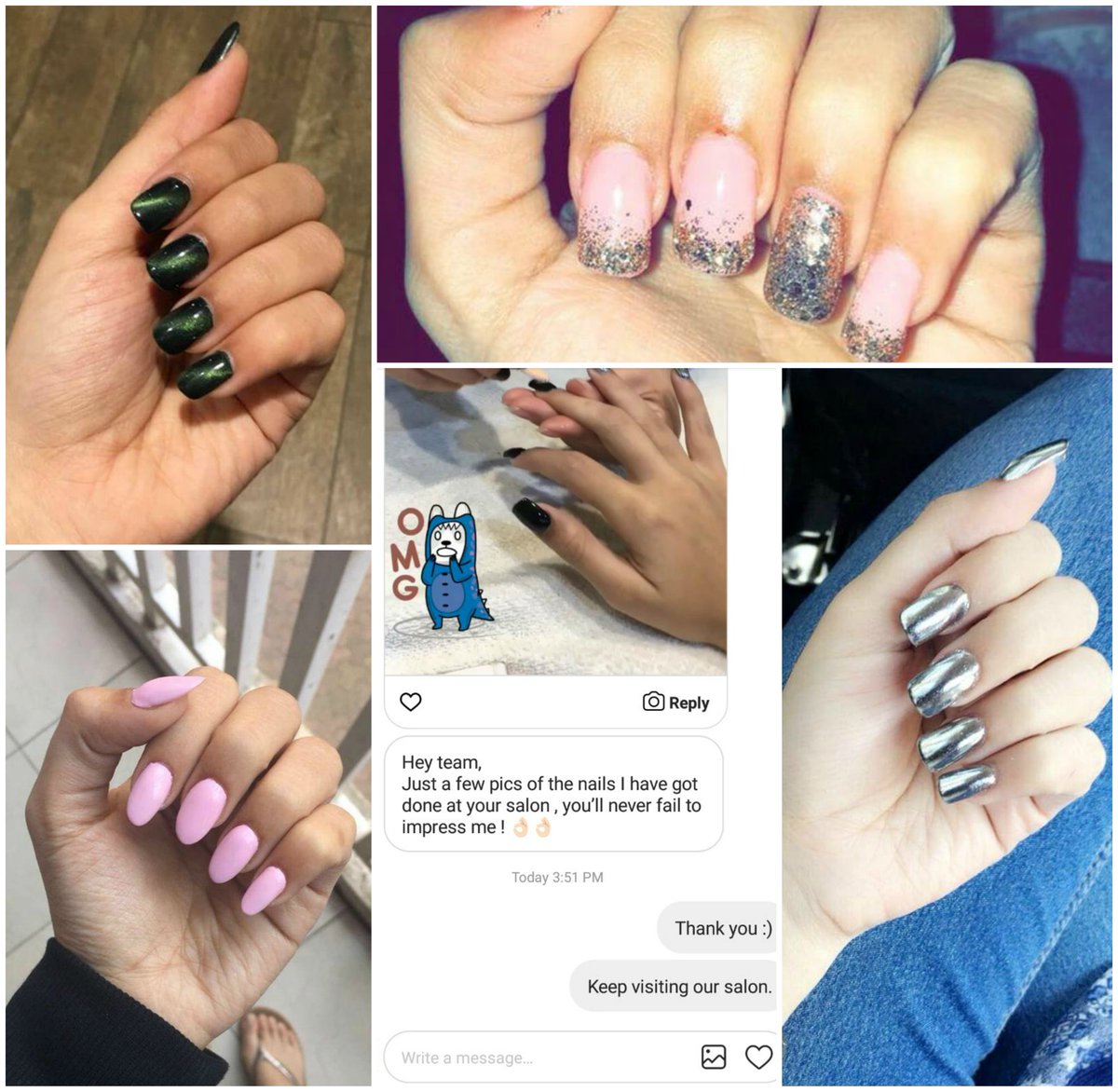 AKreationsIndia's tweet photo. Glitter, Chrome, Matte, Cate Eye!! Best Nail Arts at display!! Thank you Vahishta Dastoor for the wonderful feedback! Hope to see you soon!
Book Your Appointment Now!
Call on 7208999911 
https://t.co/3xL8fAkz9y
Valet Parking available.
#clientfeeback #happyclient #nailart https://t.co/FMLhBi1yFl