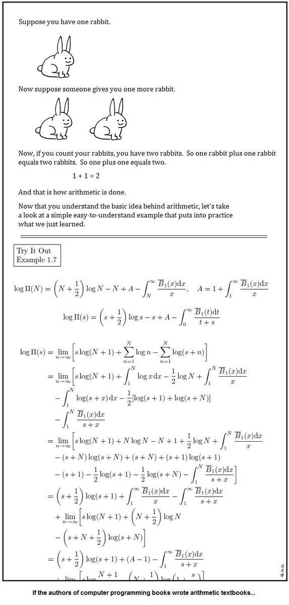 DynamicWebPaige's tweet image. Favorite explanatory sentences:

—"Let's make this concrete with an example."
—"Let's unpack that description / definition."
—"Now, we're going to focus on building intuition."

Least favorite:
—"This exercise is left to the reader."
—"As you can see…"
—"As should be obvious…"