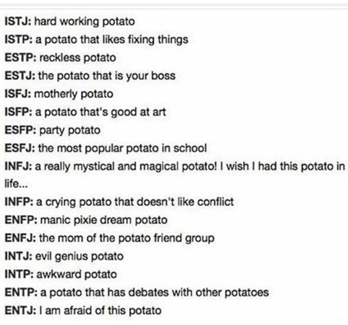 Annalisa Scott No Twitter The Mbti Types As Potatoes Mbti Infj Infp Enfp Esfp Intj T Co Fha32uhpkx Twitter
