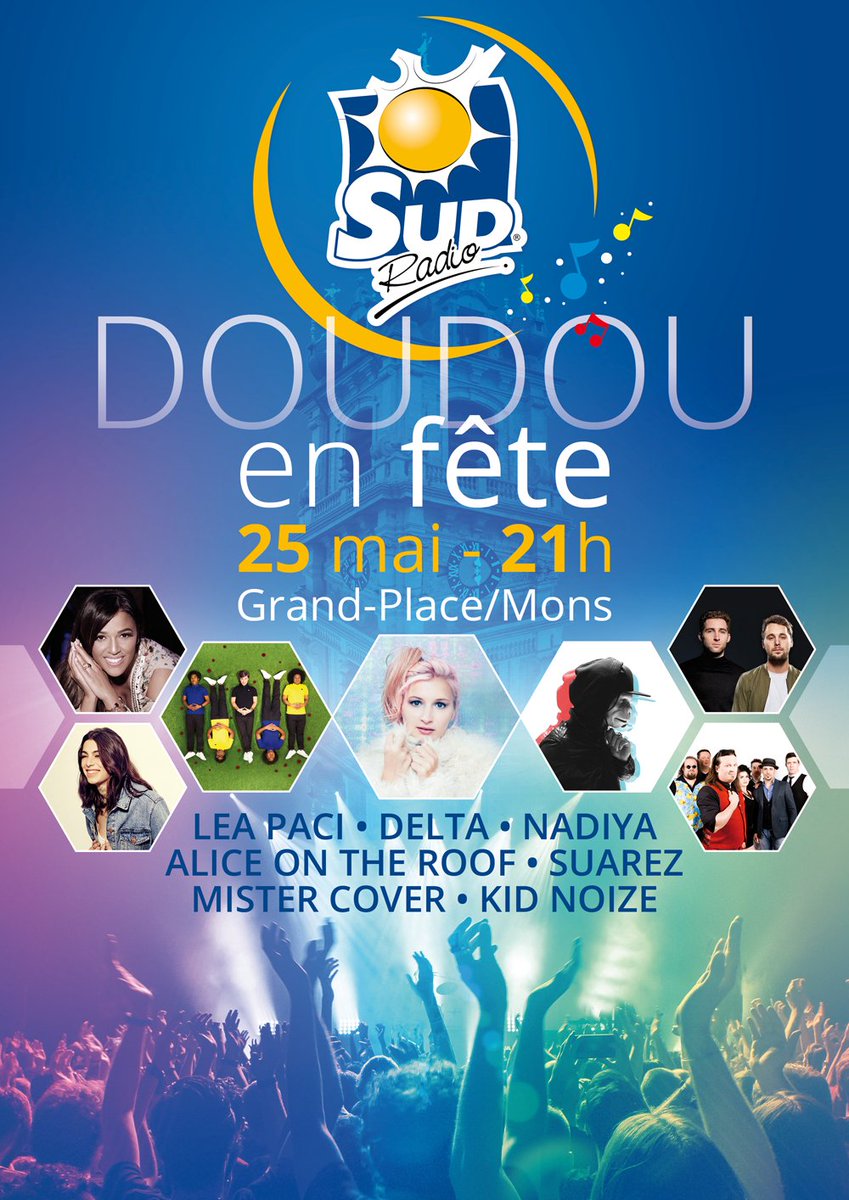 Sud_Radio's tweet photo. L'affiche du concert d'ouverture du Doudou 2018 est connue ! Au programme : Léa Paci, Delta, Nâdiya, Alice on the Roof, Suarez, Mister Cover et Kid Noize ! Rendez-vous le vendredi 25 mai, à partir de 21, sur a Grand-Place de Mons ! https://t.co/3ulNIcNZgF
