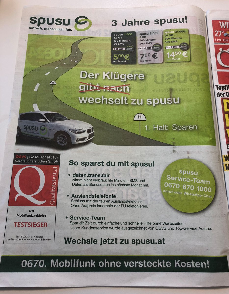 Habt ihr heute schon die Tageszeitung Österreich (@Oe24at ) gesehen? 😀💚 #spusu_at