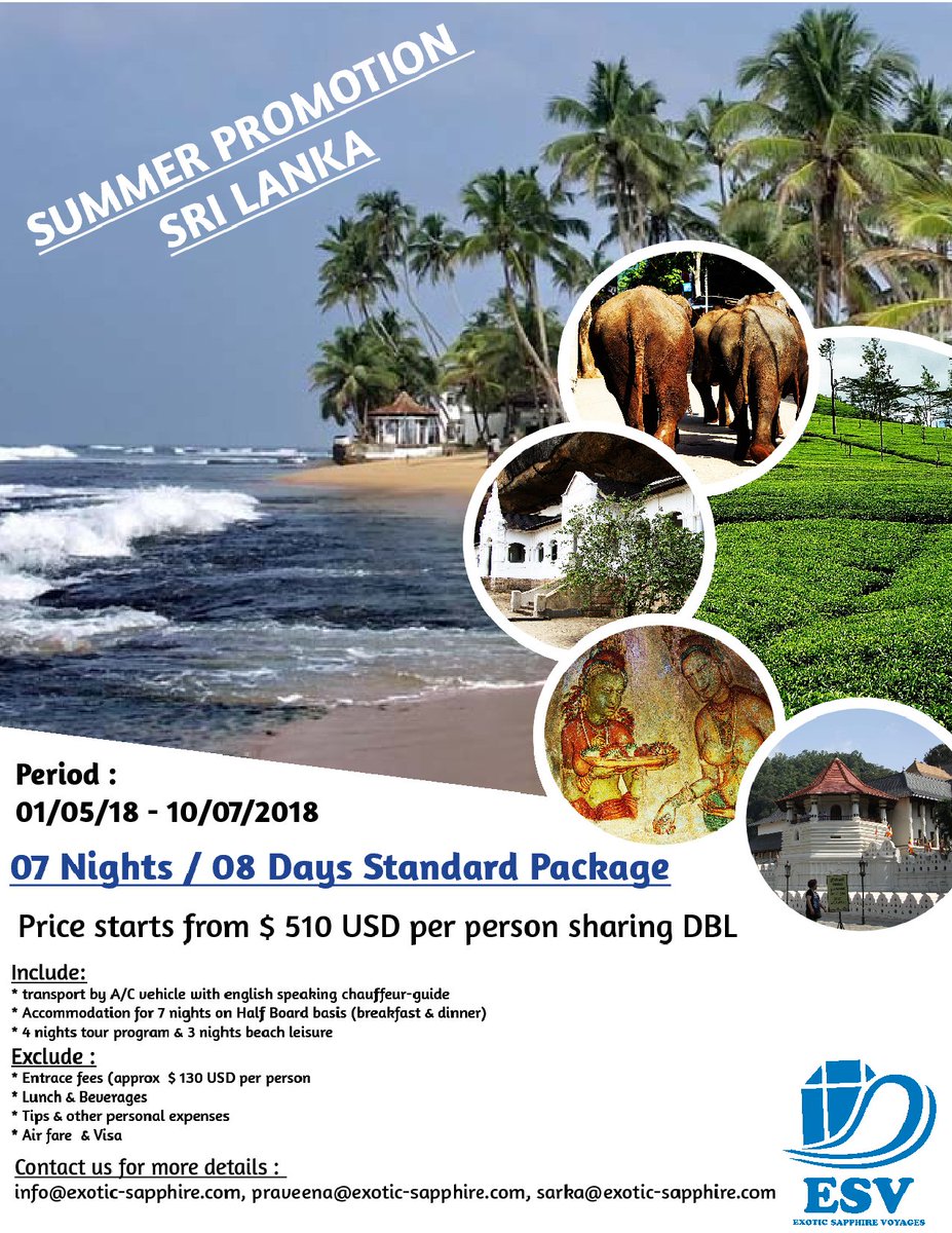 ExoticSapphire's tweet photo. What are your travel plans for the upcoming months??

Choose the best tour with ESV this summer season. Here comes a SPECIAL SUMMER OFFER for SRI LANKA designed for your vacation. 

Contact: +94 76 829 7154 or Email: praveena@exotic-sapphire.com https://t.co/GoKulhepey