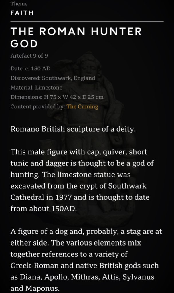 thatmuseumguy's tweet photo. Great to see @SwkHeritage’s ‘The Roman Hunter God’ feature in the #BBCCivilisations app! https://t.co/x6lOBoWdZM