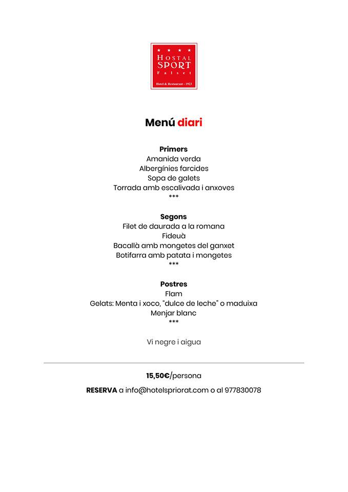 Menú diari a #hostalsport. Al bar, cada dia de la setmana per 15,5 euros <a href="/SomGastronomia/">Som Gastronomia</a> #Priorat #Falset #paradaifonda