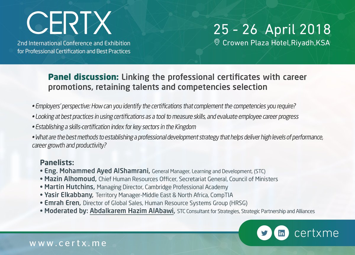 certxme's tweet photo. #now
the 4th Panel discussion: Linking the professional certificates with career promotions, retaining talents and competencies selection
#CERTX2018 https://t.co/W4AmLl0qUz
