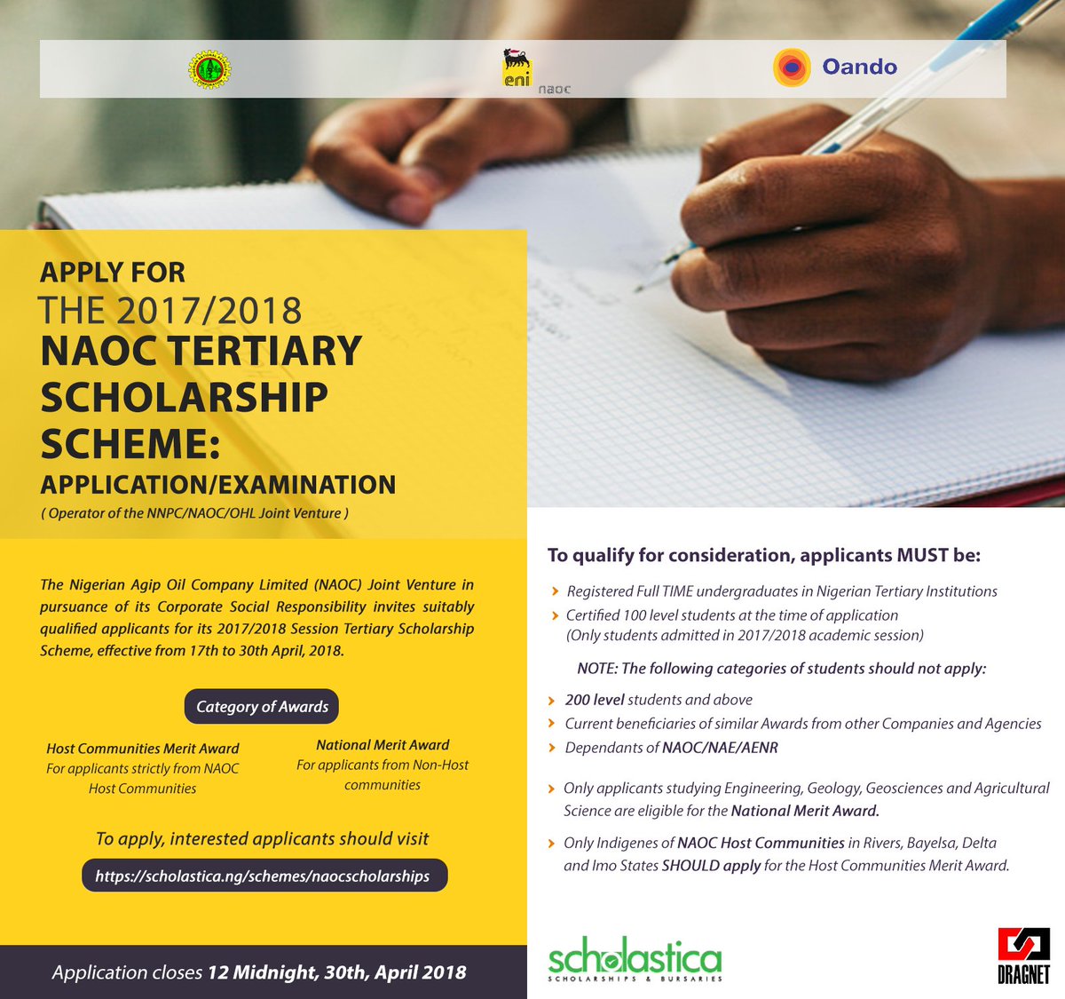 DragnetNigeria's tweet photo. JUST 5 DAYS!! Until the 2017/2018 NAOC Tertiary Scholarship Scheme deadline. Hurry now https://t.co/uUAyZ9iTpD
Application is closing 30th April, 2018 

 #Eroski #Listen #Nokia1 #DonaldDuke @the12thset @The11thset @yabatecholofofo @yabatechgist @AcuGossipGirl @lautechAmebo1 https://t.co/nteEWZ6r5n