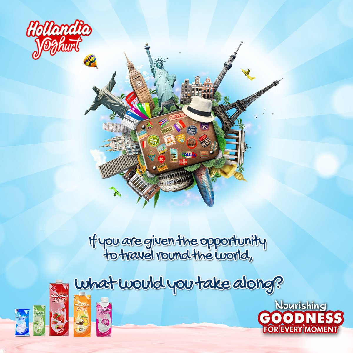hollandia_ng's tweet photo. If you are given the opportunity to travel round the world, what would you take along?  
#AllRoundYou 
#HealthyDrink 
#HollandiaYoghurt #WorldMalariaDay https://t.co/mWs8RaFUNf