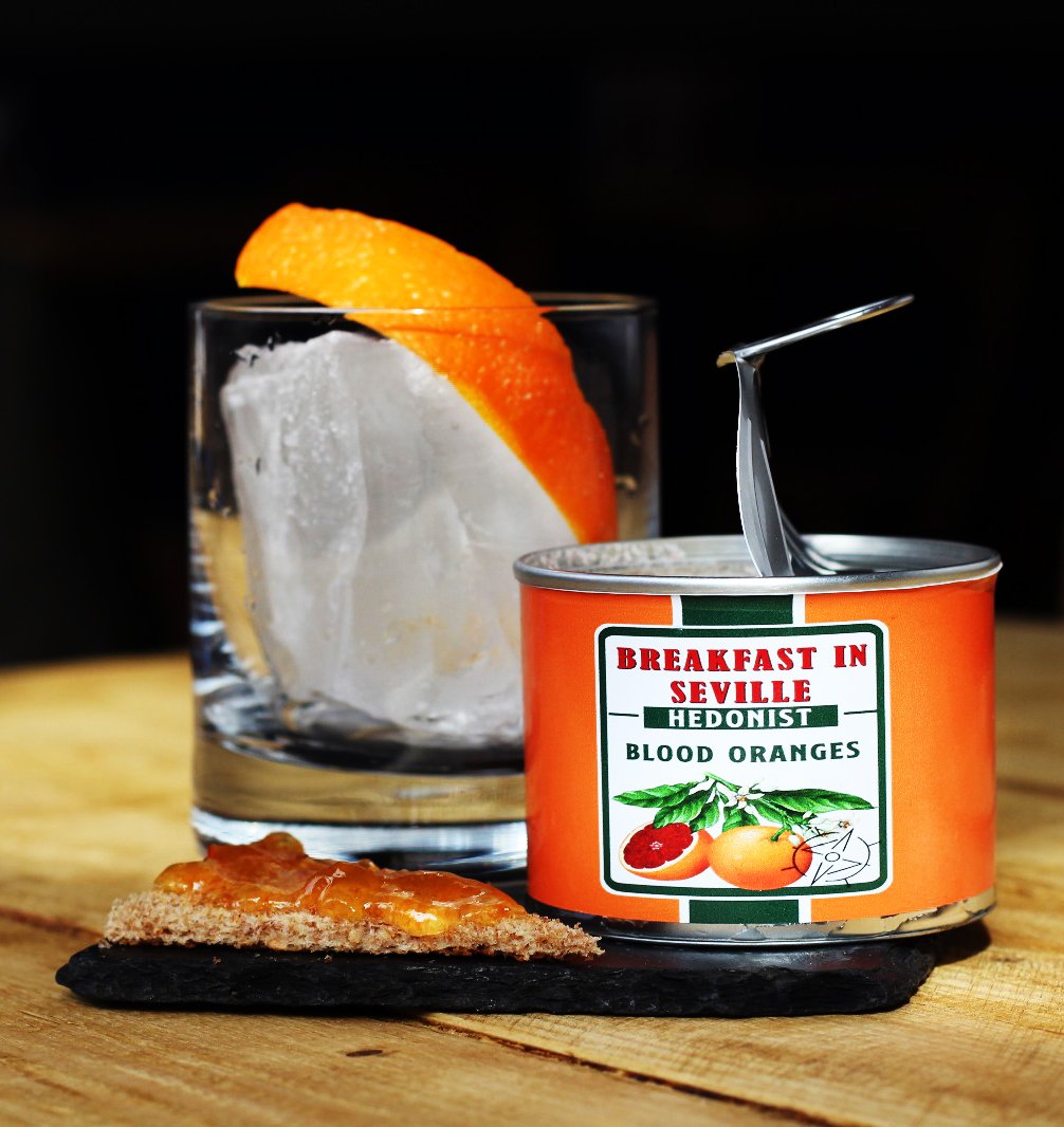 This is our Breakfast in Seville. 
A combination of Gin Mare , Blood Orange Liqueur, Blood Orange Shrub &amp; Lemon. 
Served in your very own marmalade tin. 
#cocktails #spain #cocktailbar #bestbars #worldsbestbars #50bestbars #leeds #family #wednesday #humpday