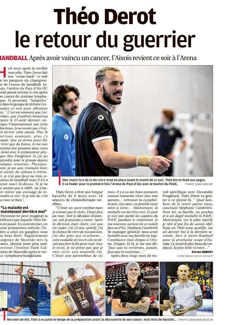 stevenimbert's tweet photo. A lire ce matin dans @laprovence , le come -Back de Théo #Derot après son #cancer. Le revoilà sur les parquets de la @LidlStarligue 8 mois après ... ce soir à @ArenaAix pour @pauchandball @USIvryHB 💪👌 #handball @aixmaville @TheoDerot https://t.co/yT0Pb94CQZ