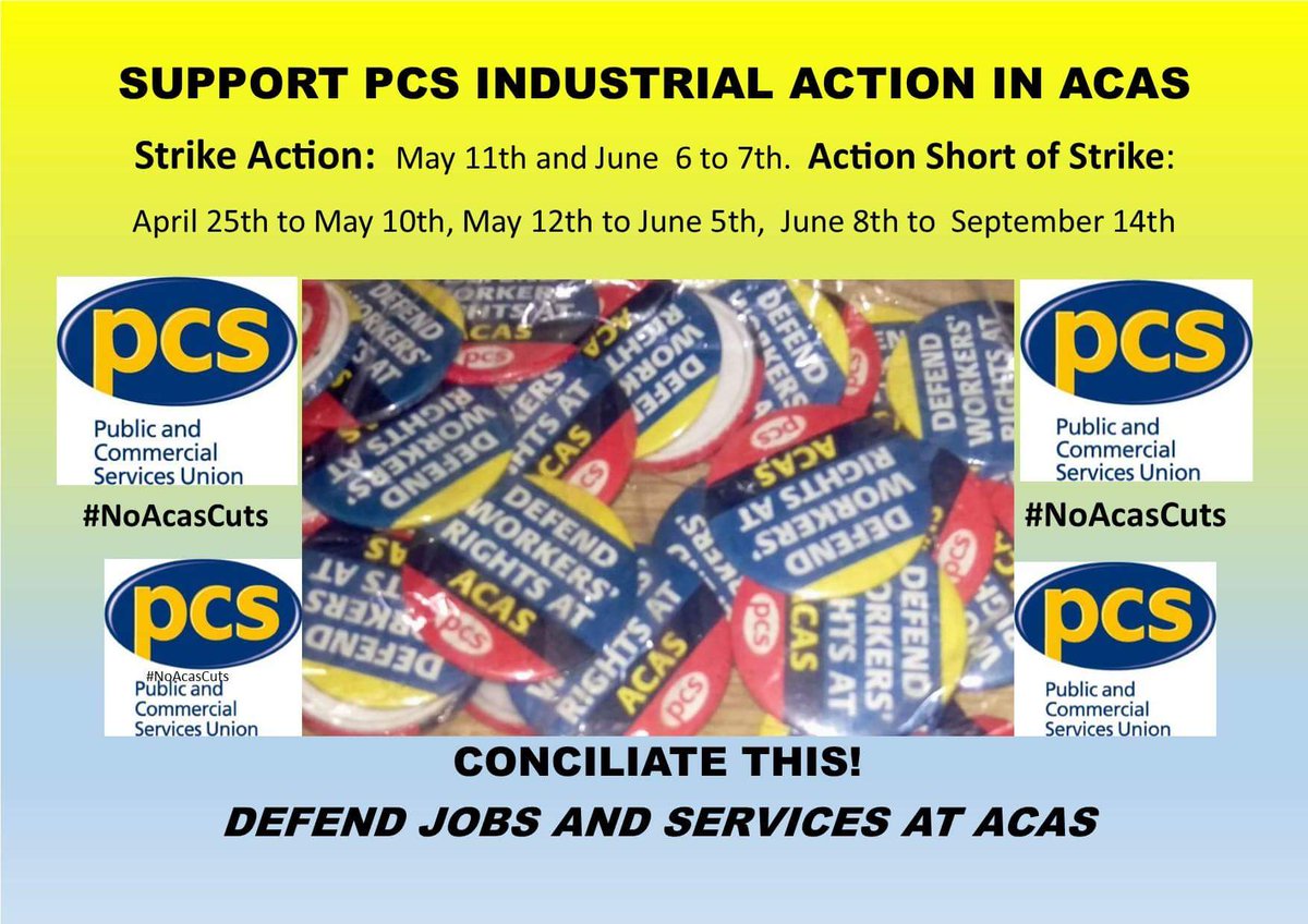 Send solidarity to Acas conciliators starting industrial action today over cuts &amp; downgrading. Action short of strike from today, strike 11 May,  6 &amp;7 June. Send messages of solidarity here or to denisc@pcs.org.uk 
pcs.org.uk/news/support-a… <a href="/NSSN_AntiCuts/">NSSN</a>  <a href="/pcs_union/">PCS Union (pcs.org.uk)</a> pls RT