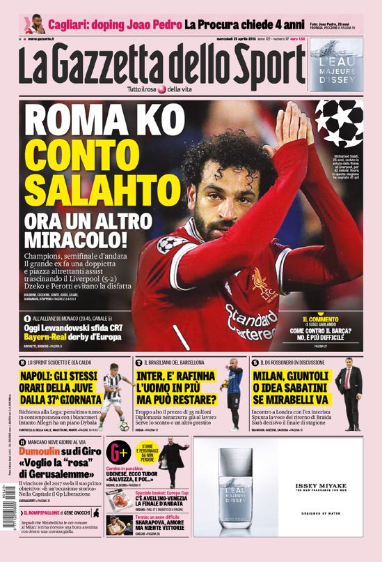 footballitalia's tweet photo. #BuongiornoATutti! Your front pages for Wednesday's Italian sports papers in English: https://t.co/Y9mpQvrYzl #LiverpoolRoma #LFC #ASRoma #LFCASR #LIVROM #UCL #Juventus #FCIM #SerieA #Udinese #Torino #Ancelotti #ACMilan #Napoli https://t.co/q9RKFPWdSh