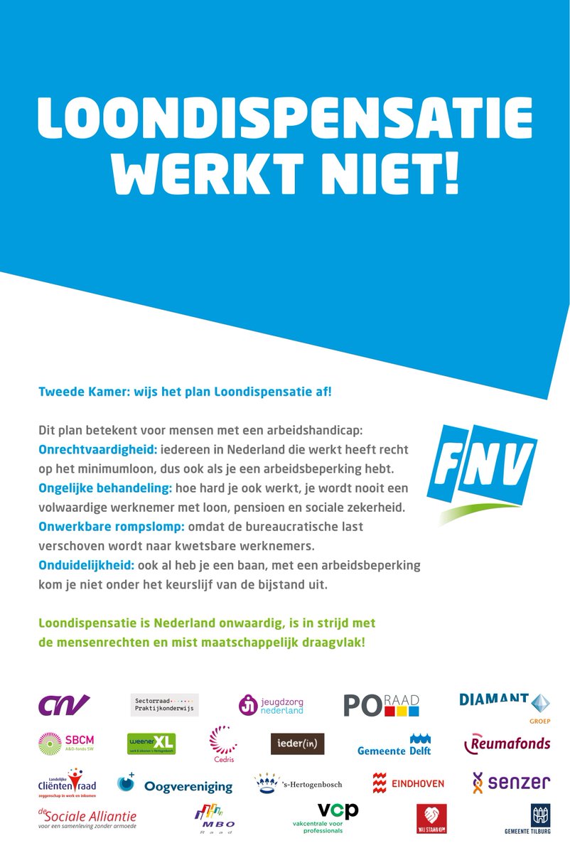 Vandaag paginagrote advertentie in @Telegraaf en @Trouw van <a href="/FNV/">FNV</a> samen met o.a. <a href="/Oogvereniging/">Oogvereniging</a> <a href="/Iederin/">Ieder(in)</a> <a href="/MBORaad/">MBO Raad</a> @PO_Raad en vele anderen waarmee we <a href="/2eKamertweets/">Tweede Kamer</a> oproepen: wijs het plan loondispensatie af! <a href="/MensenrechtenNL/">College voor de Rechten van de Mens</a>