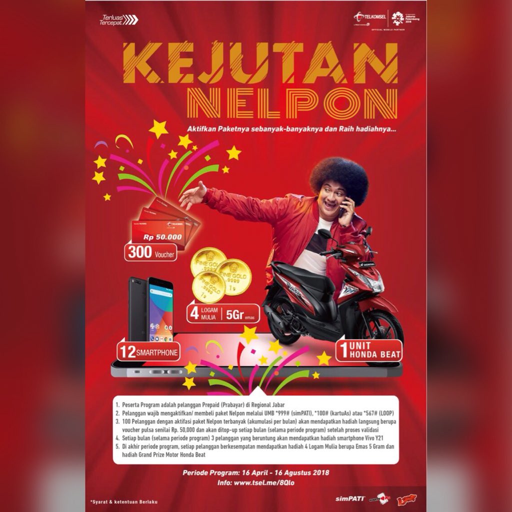 Hola warga Jawa Barat, yuk aktifkan Paket Nelpon sebanyak-banyaknya di Program KEJUTAN NELPON dan dapatkan kesempatan untuk bawa pulang hadiah voucher pulsa, smartphone, emas dan 1 unit Motor Honda Beat!