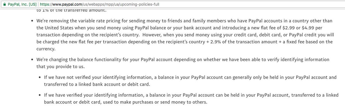 😱  @paypal have just massively increased their fees and removed friends and family discount for cross border transactions. 
Now a fixed $4.99 charge plus 2.99% - a huge tariff on smaller transactions

Long Crytpo
Short Paypal
Screw taxes